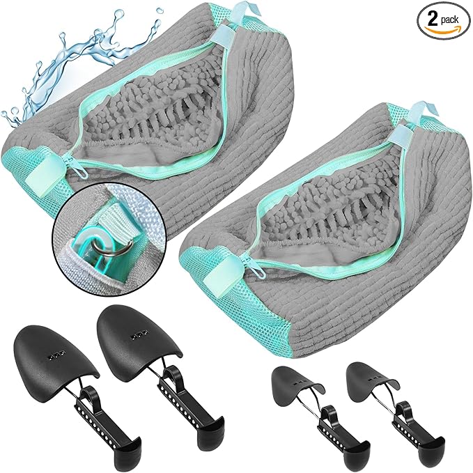2 Pcs Shoe Washing Machine Bags with 4 Adjustable Shoe Trees, XXL Laundry Bags for Washer and Dryer, Sturdy Zipper with Hook Design, Reusable Cleaning Bag for Sneaker, Tennis (Gray)
