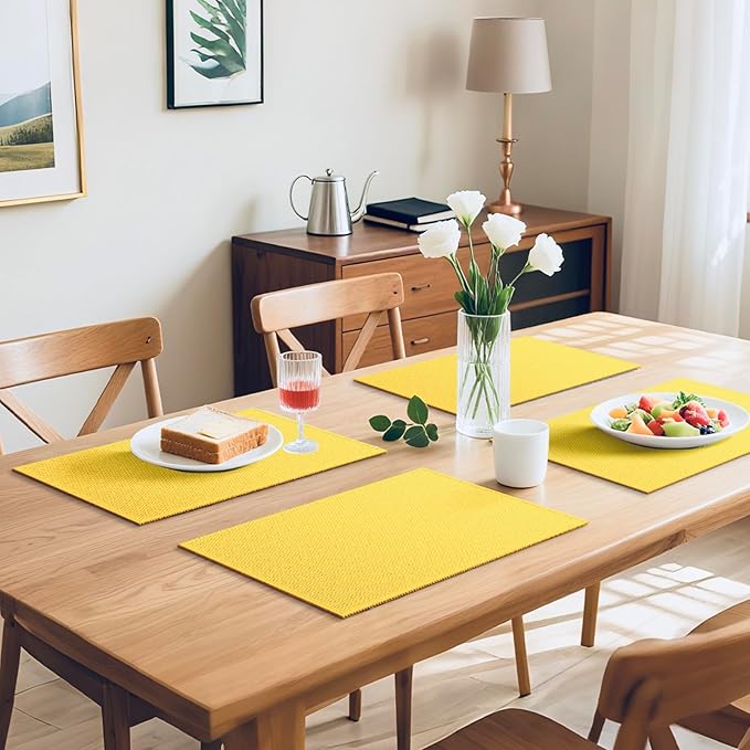 Blue Forest | Rectangular Faux Linen Placemats Set of 4 | Dual- Layered Thickened for Durability | Heat Resistant | Machine Washable | Wrinkle Free for Easy Care Indoor/Outdoor Use - Bright Yellow