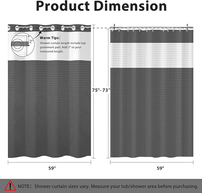 GICDSU No Hook Shower Curtain with Snap in Liner, Waffle Shower Curtain Set for Bathroom, Hotel Style with Semi-Sheer Top Window, Waterproof & Washable, Dark Grey, 59" W x 75" L
