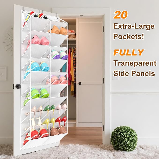 UVIAHOMI 30 Pairs Over the Door Shoe Organizer, Clear Pockets Hanging Shoe Storage for Closet, 10-Tier Door Shoes Rack Storage, Handing Shoes Holder Fit All the Family's Sneakers, Boots, Heels, White