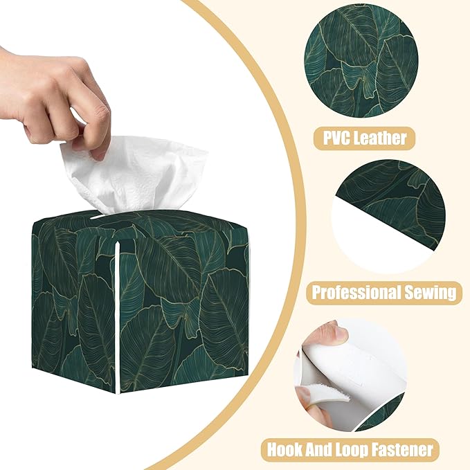BLYKVGHQ Tropical Green Leaves Tissue Box Cover Square, Golden Line Art Tissue Box Holder with Bottom Belt Leather Facial Paper Organizer Dispenser for Bathroom Bedroom Dresser Night Stand Tabletop