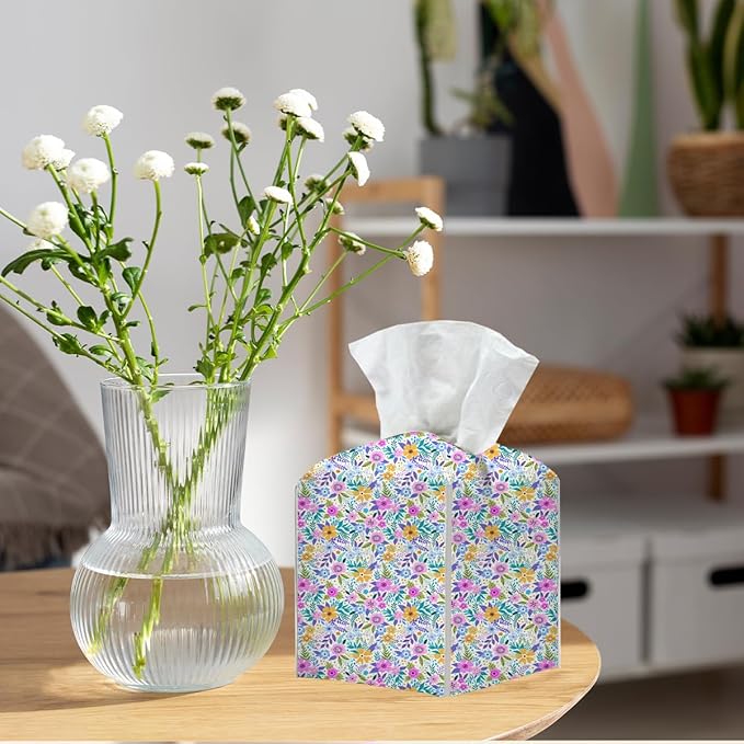 Tissue Box Cover, Tissue Box Holder, Square with Belt Bottom, PU Leather Decorative Organizer for Desk, Tabletop, Countertop Bathroom, Toilet Car, Office, Dresser Bedside, Aesthetic Floral Decor