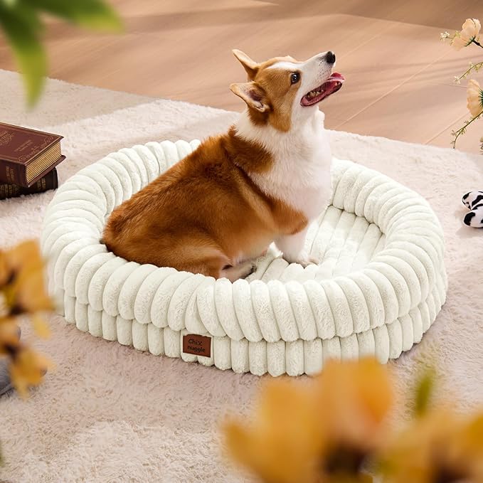 ChiXnuggle Dog Bed Large Sized Dog - Luxury Striped Faux Fur Waterproof Pet Couch with Removable Washable Cover, Orthopedic Pet Bed with Bolster Sides for Sleeping, Cream