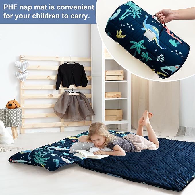 PHF Toddler Nap Mat with Removable Pillow and Minky Fleece Blanket, Rollup Design Warm Slumber Bags for Boys, 52"x20"x2" Kids Sleeping Bag for Daycare Preschool Travel Camping, Dinosaur
