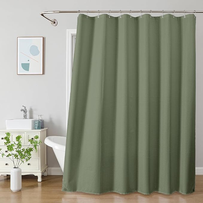 THAIGEE 2-in-1 Waterproof Fabric Shower Curtain - No Separate Liner Needed, Hotel-Style Waffle Weave, Effortless Cleaning & Washable Bathroom Shower Curtain Set,72Wx84H,SageGreen