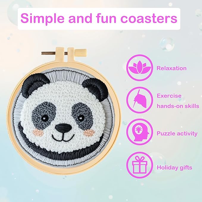 57lilina Punch Needle Coaster Kit for Adults Beginners, 6 Set Complete Animal Panda Punch Needle Stitching Embroidery Art Kit, Step-by-Step Guide Make Punch Needling Drink Coasters for Starter