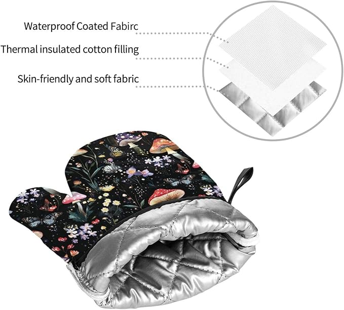 Oven Mitts and Pot Holders Sets of 4 Mushroom Botanical Vintage Kitchen Potholder Gloves Heat Resistant Non-Slip for Chef Baking Cooking Grilling BBQ Mittens