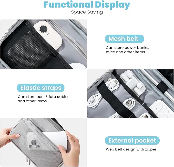 Lcsmaokin Electronics Organizer Bag, Portable Cable Organizer Case Travel Electronic Accessories Storage Case - Travel storage bag for Cables, Chargers, Phone, SD Cards - Grey