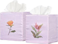 EmbroideryLinen.VN Tissue Box Cover Set of 2, Square Linen Tissue Holder, Printed Floral Design, 4.5x4.5x5.5 Inches, Decorative Holder for Bathroom, Living Room, Office (Rose & Bird of Paradise)