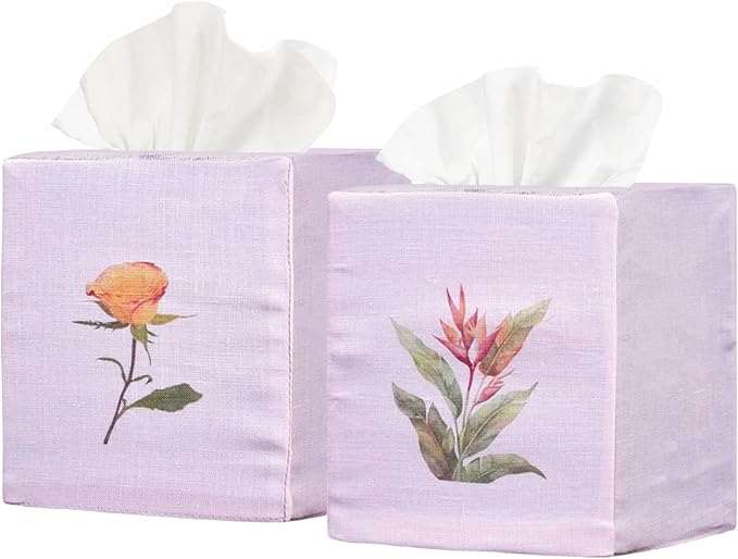 EmbroideryLinen.VN Tissue Box Cover Set of 2, Square Linen Tissue Holder, Printed Floral Design, 4.5x4.5x5.5 Inches, Decorative Holder for Bathroom, Living Room, Office (Rose & Bird of Paradise)