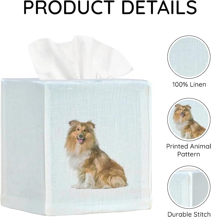EmbroideryLinen.VN Tissue Box Cover Set of 2, Square Linen Tissue Holder, Printed Animal Pattern, 4.5x4.5x5.5 Inches, Decorative Holder for Bathroom, Living Room, Office (Dog - Ivory)