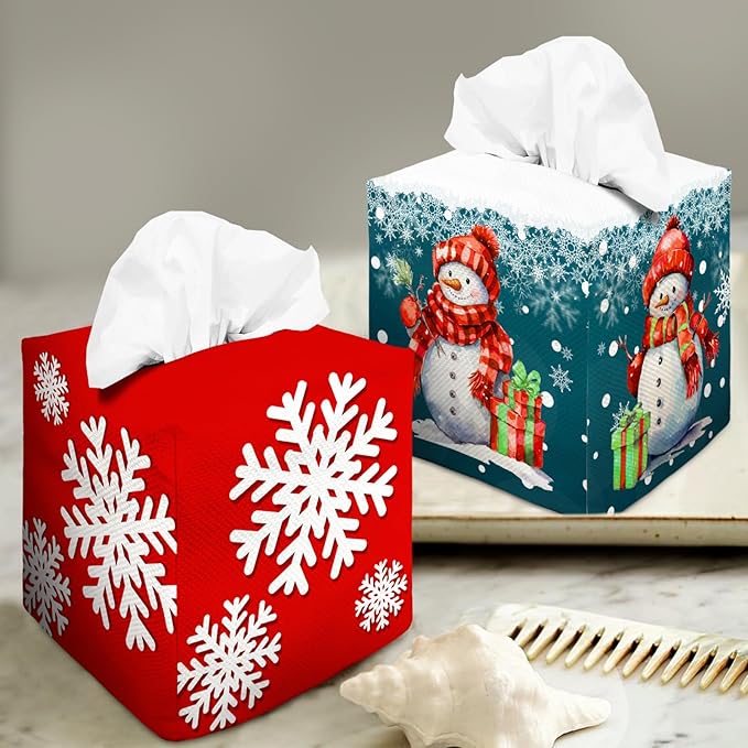 Tissue Box Cover Square Decorative Tissue Box Holder Cute Funny Cube Tissue Case Cover-Xmas Decor Christmas Snowflake Red Tissue Box Cover