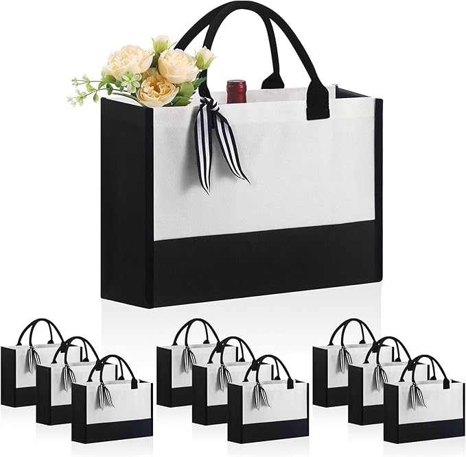 OKBA 10 PCS Personalized Classic Canvas Tote Bag(Black and White),Inside Zipper Pocket Grocery Tote DIY Gift,for Wedding,Birthday,Beach,Perfect Gifts for Women,Mom,Teachers,Friends