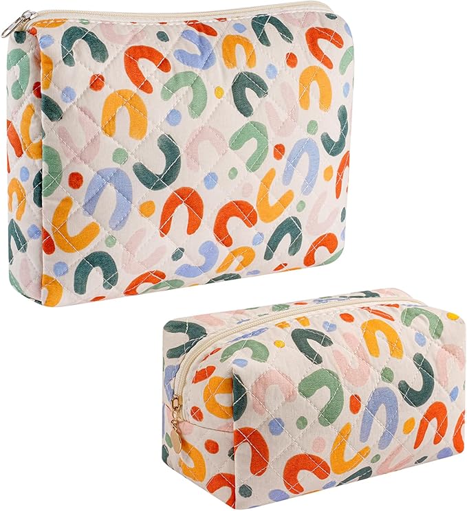 Gleyemor 2 Pieces (Large + Small) Quilted Makeup Bag, Cute Floral Cosmetic Bag for Women, Travel Toiletry Cotton Bag Tote Bag Organizer (Colorful U)