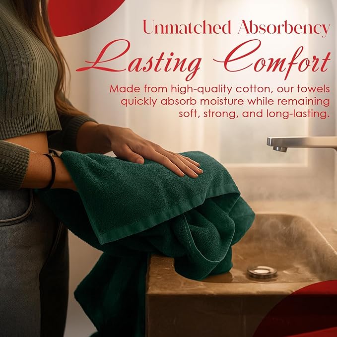 RIVERSIDE Pack of 8 Towels Set, 2 Large Bath, 2 Hand, 4 Face Washcloths, 100% Cotton Hotel Quality, Super Soft, Quick Dry, Highly Absorbent Perfect for Bathroom, Hunter Green