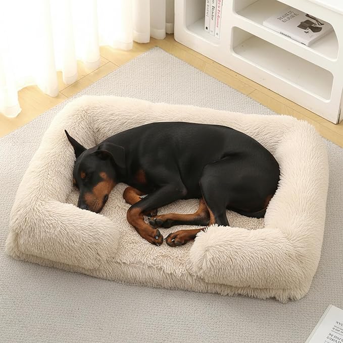 CareCooo Orthopedic Dog Bed for Large Dogs - Washable Memory Foam Pet Sofa, Fluffy Plush Rectangular Bed, Waterproof Anti-Anxiety Couch, Light Brown, L