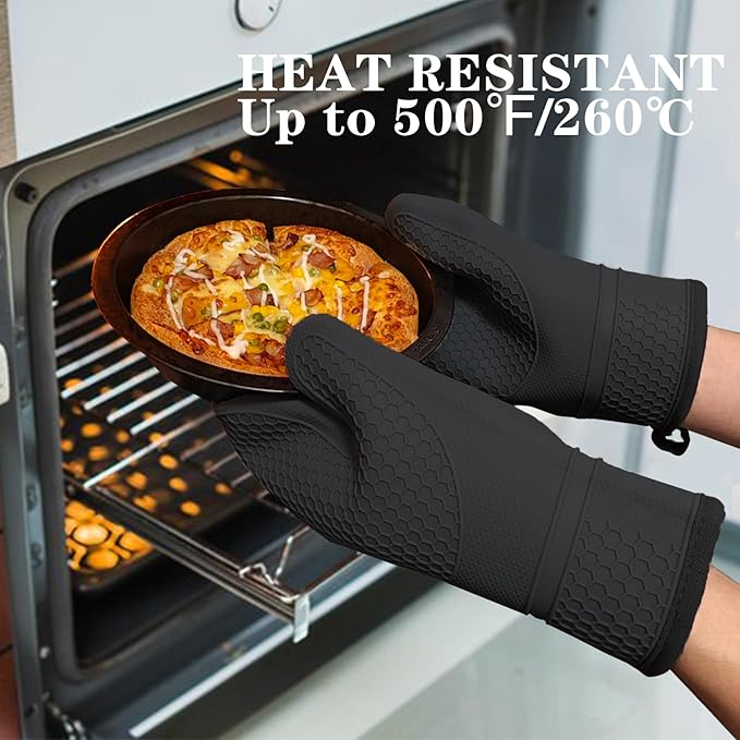 Silicone Oven Mitts and Pot Holders Sets 3PCS for Kitchen, Oven Gloves Heat Resistant 500°F, Non-Slip Silicone Potholder 7.1”, Thick Oven Mitts & Thick Hot Pads Protection for Cooking, Black