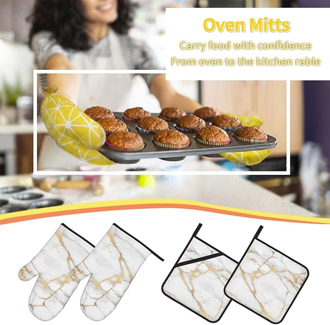Oven Mitts and Pot Holders White Gold Marble Art Abstract Sets of 4 Kitchen Potholder Gloves Heat Resistant Non-Slip for Chef Baking Cooking Grilling BBQ