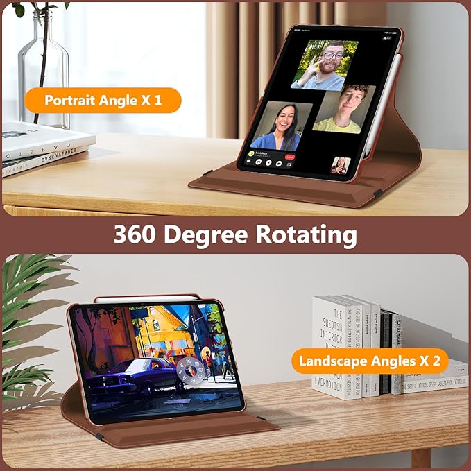 Fintie Rotating Case for iPad Air 13-inch (M3) 2025, (M2) 2024-360 Degree Swiveling Protective Stand Cover with Pencil Holder, Auto Wake/Sleep, Brown