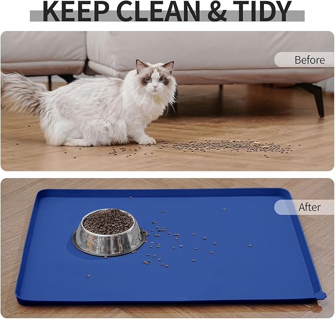 Reopet Waterproof Pet Feeding Mat with High Raised Edges, Heavier and Thicker Placemats for Cat Dog Water Bowl with BPA Free, Dogs Cats Food Mats for Messy Drinkers to Prevent Spill and Protect Floors