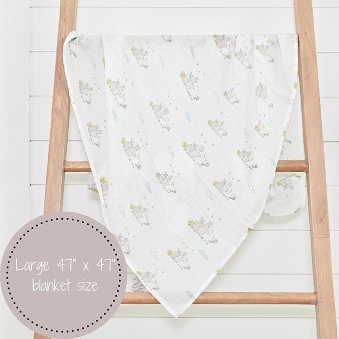 LollyBanks 100% Cotton Soft Muslin Swaddle Blankets, Rabbit Theme, 47 x 47 Inches, Unisex, Somebunny Loves You
