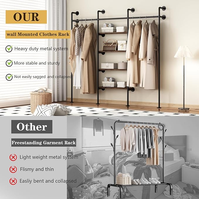 KAILNKISS Industrial Pipe Clothes Rack,Wall Mounted Clothing Rack Wardrobe Multi-Purpose Storage Clothes Hanging Shelf-94.5''L Black