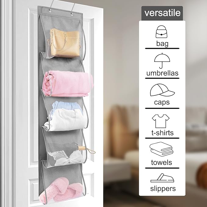 TEMUORG 2 Pack Over the Door Hanging Vinyl Organizer Embroidery Stabilizer Holder Purse Storage for Closet Bath Towel Hanger Scarf Container 5 Large Pockets (One Side)