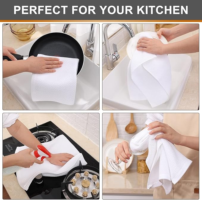 Kitinjoy 100% Cotton Waffle Weave Kitchen Towels, 12-Pack Super Soft and Absorbent Dish Towels for Drying Dishes, Kitchen Hand Towels, 13 in x 28 in, White