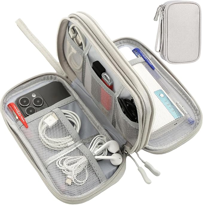 CAAORDKSO Travel Organizer Pouch Electronic Accessories Carry Case Portable Waterproof Double Layers Storage Bag for Cable, Cord, Charger, Phone, Power Bank, Earphone, Hard Drive (Light Grey, Large)