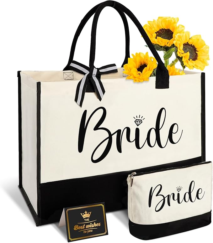 Vanqruo Bride Gifts Canvas Tote Bag with Makeup Bag, Wedding Gifts for Bridal Shower Bachelorette Party Engagement Honeymoon, Miss to Mrs, Bride to Be, Bridal Shower Decorations