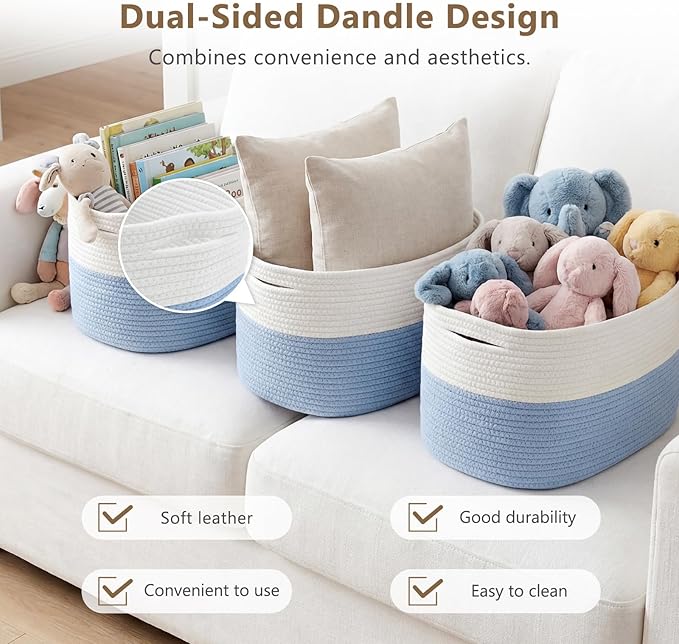 ECDYQXVU Cotton Rope Storage Basket, 15x10x9 Inches, Woven Basket for Shelves, Clothes, Towels, Books, and Laundry, White Blue (2 Pack)