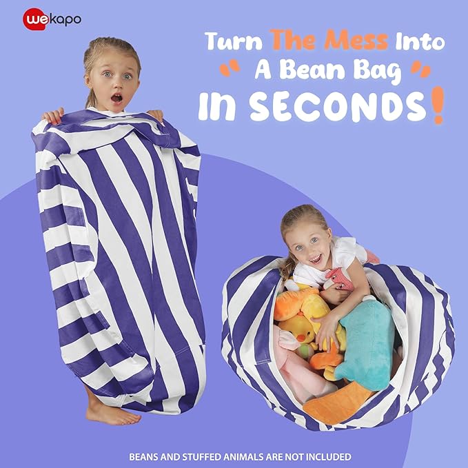 Wekapo Stuffed Animal Storage Bean Bag Chair Cover for Kids | Stuffable Zipper Beanbag for Organizing Children Plush Toys Large Premium Cotton Canvas (Navy Strip, X-Large)
