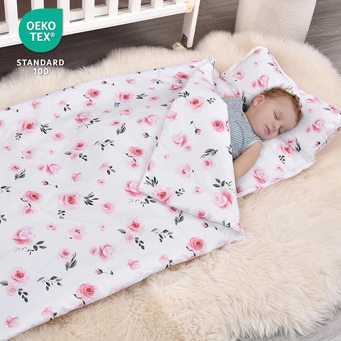 david's kids Toddler Nap Mat Set with Removable Pillow, Ultra Soft Slumber Bags for Girls，Perfect for Preschool, Daycare, Kids Sleeping Bags with Rollup Design, 50"x20", Floral