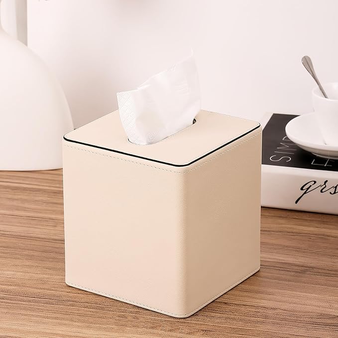 KINGFOM Leather Tissue Box Cover – Square Modern PU Leather Tissue Holder, Cube Tissue Dispenser for Home, Office, Bedroom, Bathroom – Elegant Minimalist Style (Beige-Square)