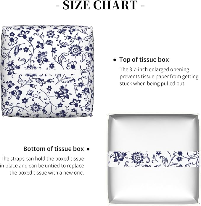 Blue and White Tissue Box Cover Square, Abstract Blue Flowers Tissue Box Holder,Waterproof Leather Facial Paper Organizer Dispenser for Bathroom Home Car Decor