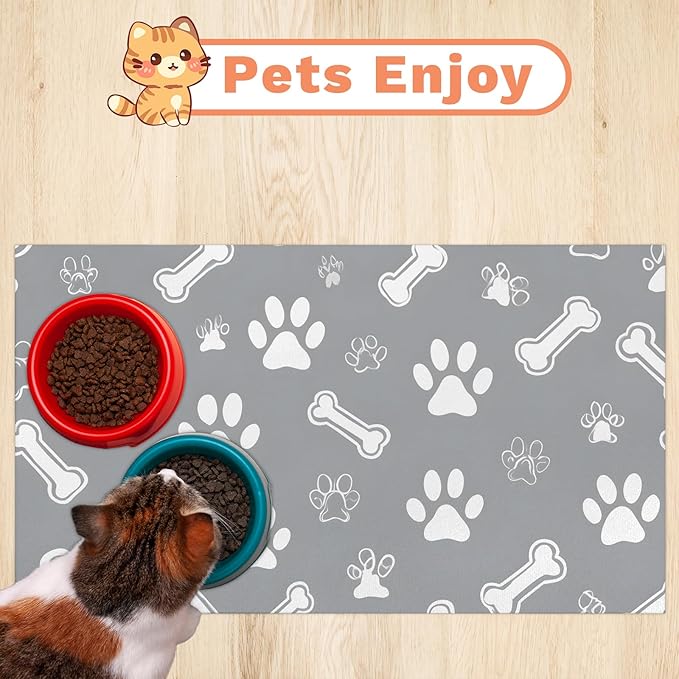 Eizlang Grey Dog Cat Food Mat,12"x20" Inches Rapid Absorbent Pet Feeding Mat,Pets Placemat Water Bowl Mats with Rubber Backing,No Stains Cat Dog Feeding Mats Indoor,Pet Accessories Supplies