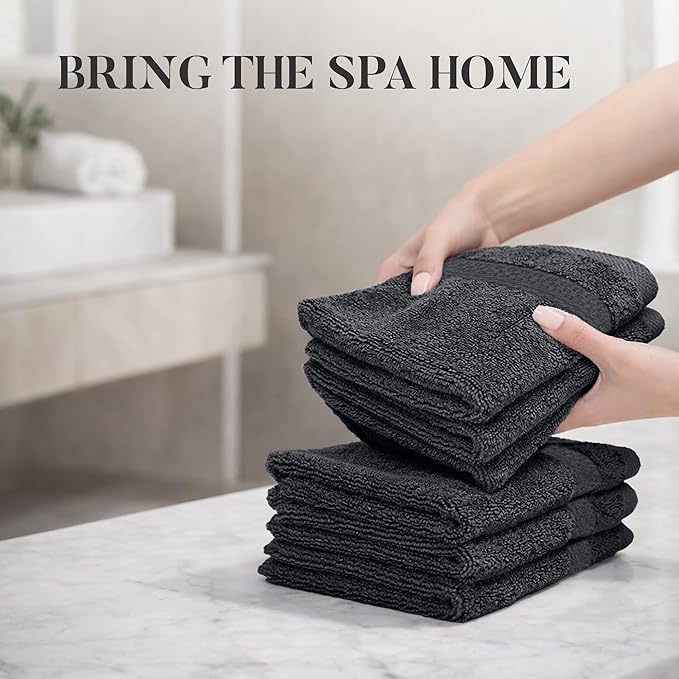 RIVERSIDE 12 Pack Premium 100% Cotton Face Wash Cloths, 12 x 12 Inches, Soft & Absorbent Face Towels for Bathroom Wash Clothes, 550 GSM, Luxury WashCloths for Showering, Body, Spa & Gym, Charcoal