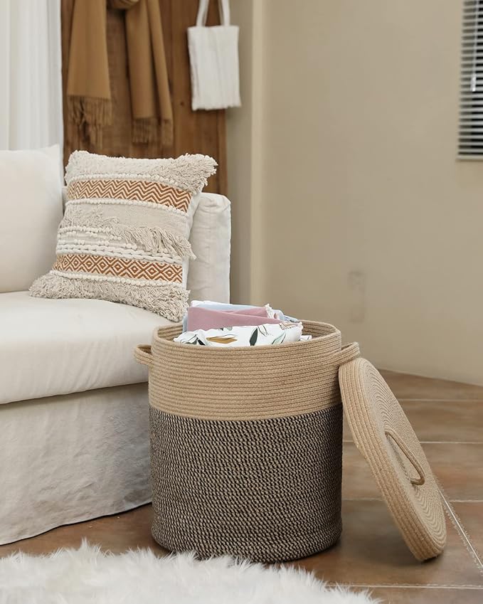 Extra Large 16" x 16" x 18" Storage Basket with Lid, Cotton Rope Laundry Hamper, Cloth Bin for Clothes, Towels, Blankets, Pillows in Living Room, Jute/Black Mix Basket