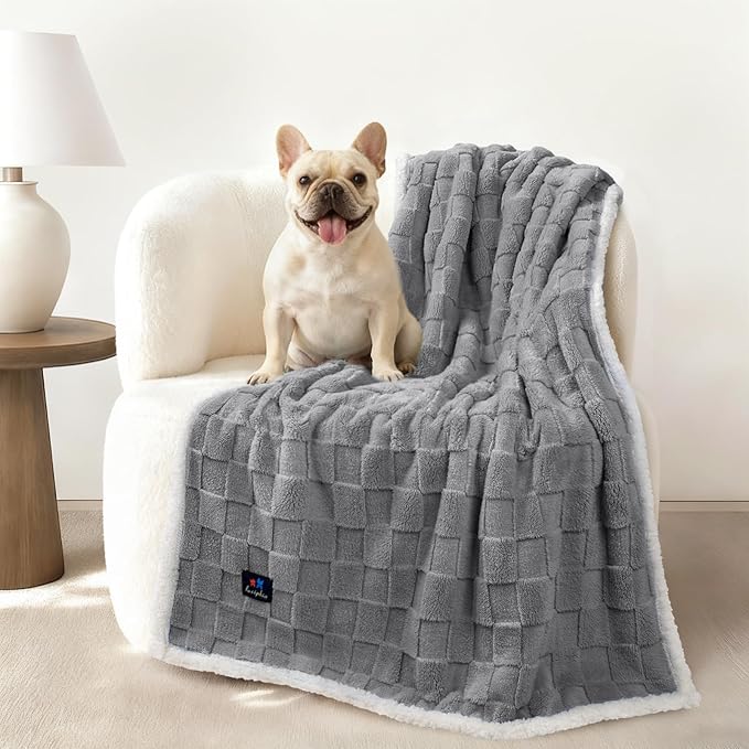 Luciphia Waterproof Dog Blanket for Medium Dogs Washable Soft Sherpa Fleece Cat Blankets with 3D Jacquard Cozy Calming Reversible Couch Protector Furniture Protection for Pet, Gray White, 57x40 inch
