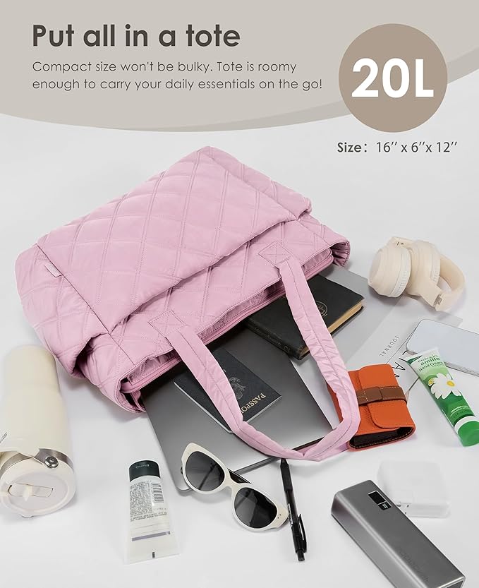 Uselike Tote Bag for Women, Lightweight Puffer Tote Work Bags with Compartments for Travel, Quilted Shoulder Bag with Zipper