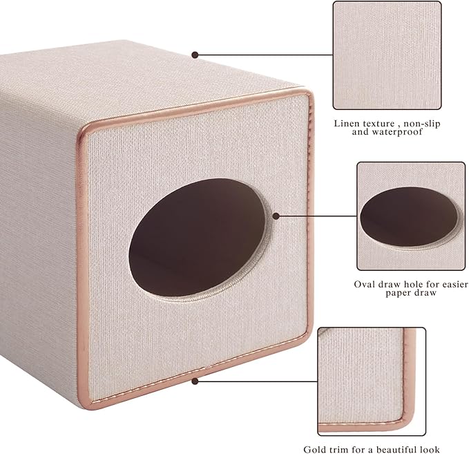 RHCSZ Linen Square Tissue Box Cover,Cube Tissue Box Holder－Excellent Rosegold Leather Decoration,Table Napkin Case Dispenser,Facial Tissues Organizer with Magnetic Bottom for Home Office Car(Beige)