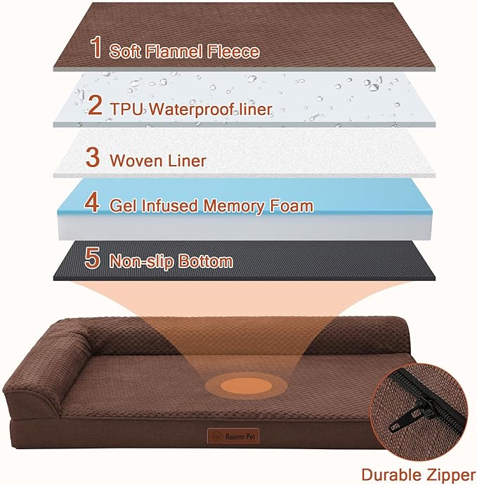 Rainmr Orthopedic Dog Beds for Large Dogs, Memory Foam Dog Beds Large Sized Dogs, Washable Removable Cover, Nonskid Bottom, Waterproof, for Indoor, Outdoor, Crate ＆ Car Use, 41x27x6 Inches, Brown Grey