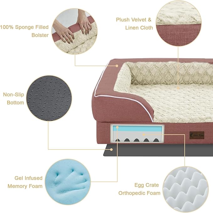 Casa Paw Orthopedic XL Dog Beds, Waterproof Memory Foam Big Pet Bed for Extra Large Sized Dogs 45x35Inch, Non-Slip Bottom and Egg-Crate Foam Dog Couch Bed with Washable Removable Cover, Pink