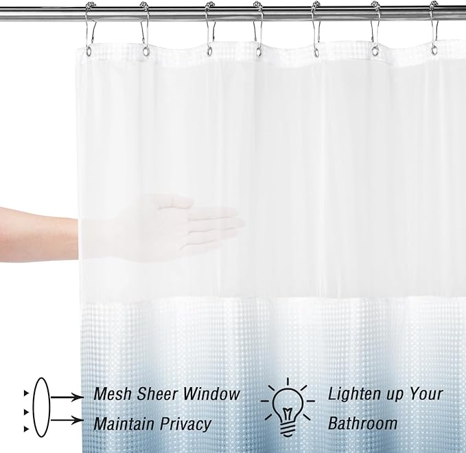 Gibelle Waffle Weave Shower Curtain with Mesh Top Window and Hooks Set, Spa Like Hotel Style Fabric Shower Curtain for Bathroom, Ombre Blue, 72x72