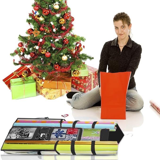 ProPik Hanging Double Sided Wrapping Paper Storage Organizer With Multiple Pockets Organize Your Gift Wrap, Gift Bags Bows Ribbons 40"X17" Fits 40 Inch Rolls Clear PVC Bag (Black)