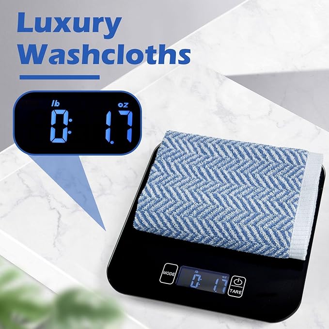 Cleanbear Wash Cloths for Your Face and Body, 12 Washcloths for Showering with Decorative Herringbone Stripes, 100% Cotton, Light Blue, 13 x 13 Inches
