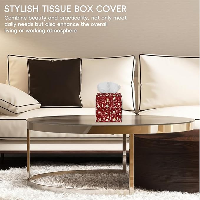Tissue Box Cover Leather Tissue Box Holder Cube Tissue Case Cover Facial Paper Organizer Dispenser for Bathroom, Vanity Countertop, Office Desk (Christmas Tree and Snowflake)