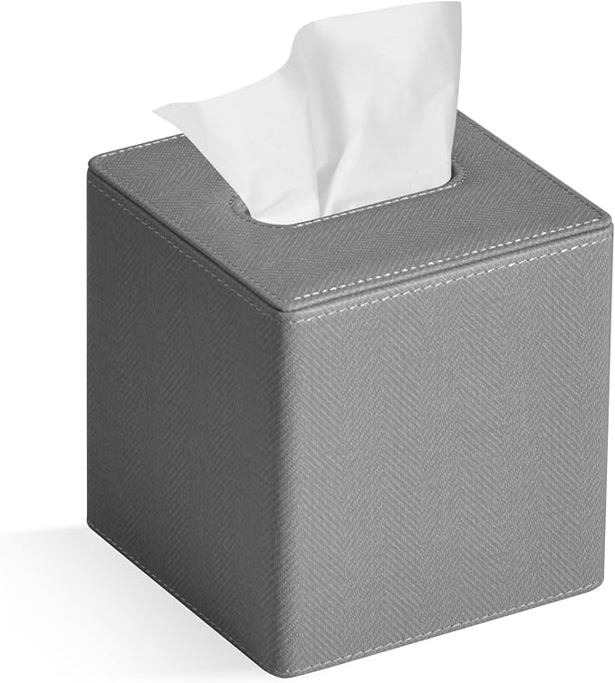 GOLRANLYE Tissue Box Cover Square PU Leather Facial Tissue Box Holder for Dresser Bathroom Decor (Linen Grey)