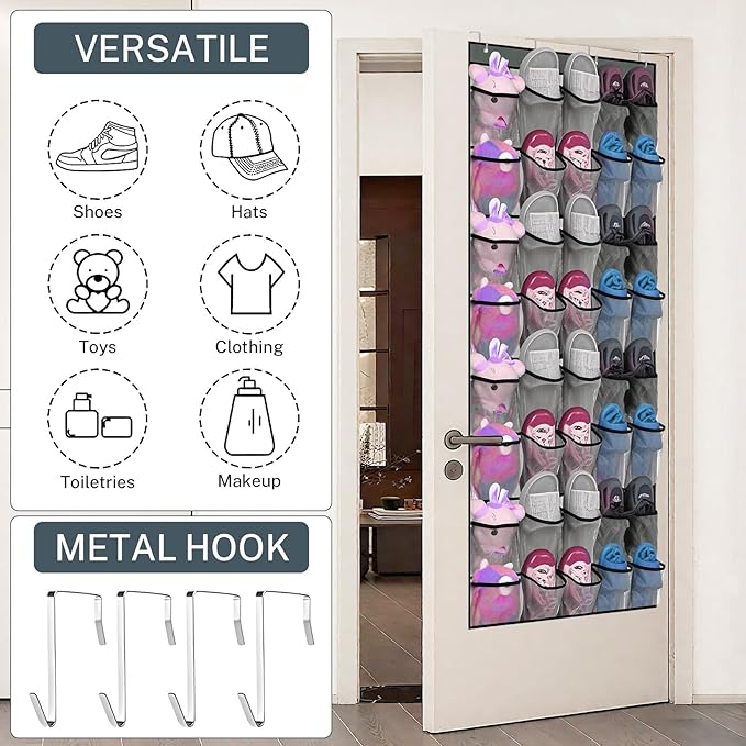 Hualleko 40-Pocket Over the Door Shoe Organizer - Large Mesh Pocket Hanging Shoe Organizer,Behind the Door Shoes Storage Holder Hanger,Large Capacity Design for Dorm Room College,Store 20 Pairs(Grey)