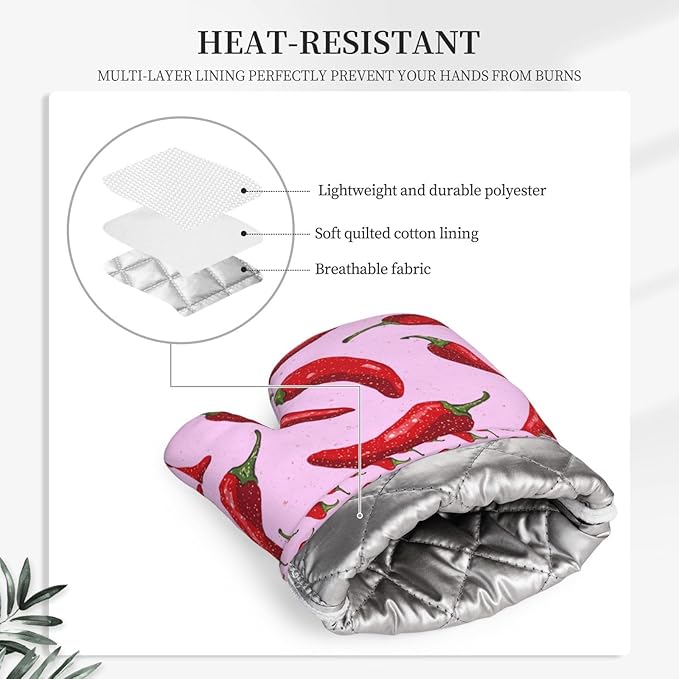Heat Resistant Oven Mitts 2 Pack, 500°F Silicone Oven Gloves with Non-Slip Grip, Soft Quilted Cotton Lining for Baking, Grilling, BBQ, Cooking (Peppers Pink Red)